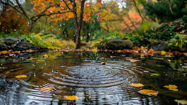 A tranquil autumn scene with a pond surrounded by fallen leaves and a gentle rain creating ripples on the water's surface.