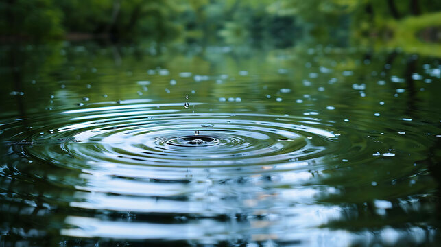 The image is a close-up of a water droplet falling into a pond, creating a series of concentric ripples.