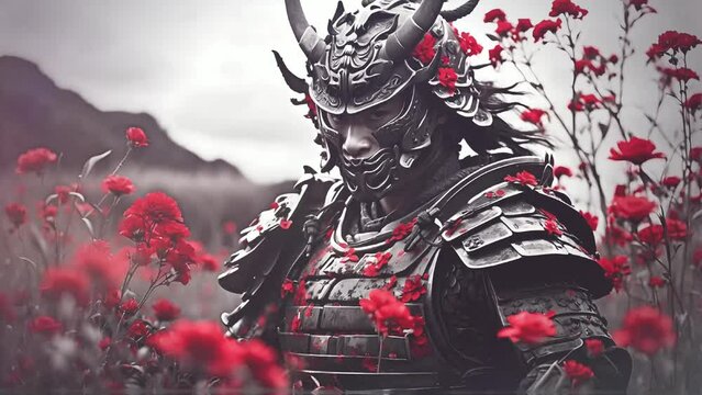 Samurai warrior in a field, wearing a dragon armor. Roses around. Monochrome. Beautiful japanese background.