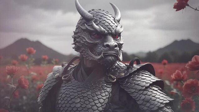 Samurai warrior wearing a full dragon armor. Roses around. Monochrome. Beautiful japanese background. Armor prototype.