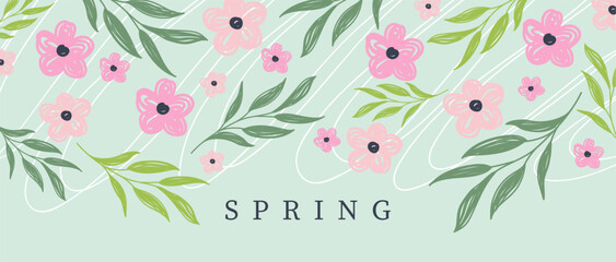 Spring vector illustration, pink flowers on green background. Design for wallpaper, poster, banner, card, print, web and packaging.
