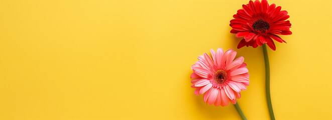 pink and red gerbera daisy on a plain yellow background