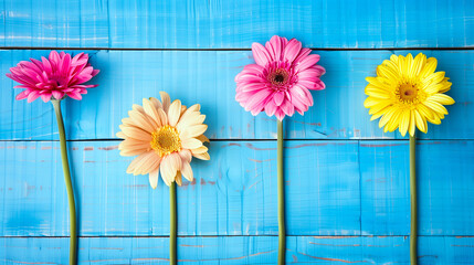 Beautiful pink and yellow gerbera daisies on blue wooden background