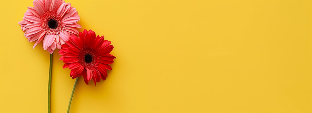 pink and red gerbera daisy on a plain yellow background