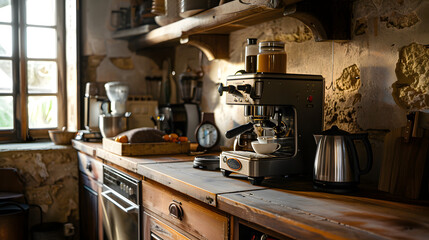 Fototapeta na wymiar Coffee machine in a rustic kitchen.