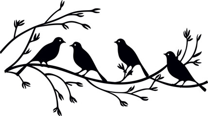 birds on a branch, black and white vector illustration, isolated on white background