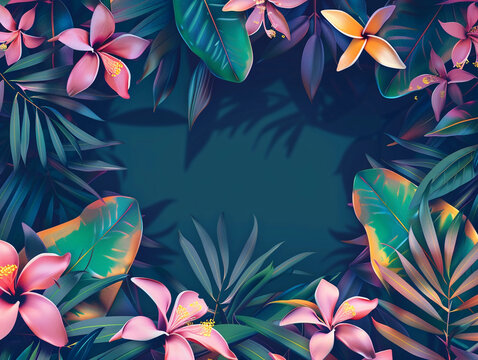 Abstract background with vines and tropical flowers. Copy space. Banner 