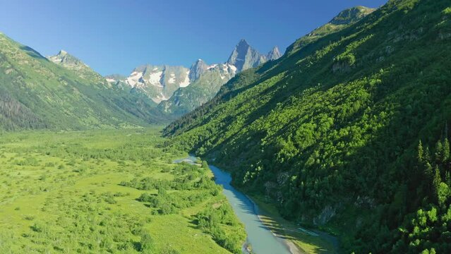 Beautiful summer landscape of river in Caucasus mountain. Aerial nature scene.