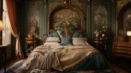 Craft an intimate atmosphere with an Art Nouveau themed boudoir blending romance and artistry - obrazy, fototapety, plakaty