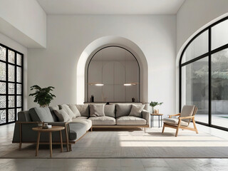 living room interior mockup, modern furniture and decorative arch with trendy dried flowers with white sofa and armchair on the White Background