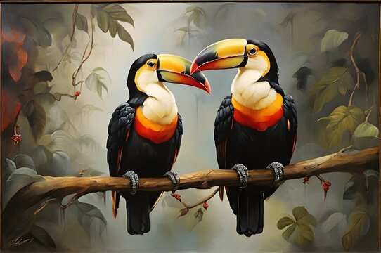Painting of two toucans sitting on a tree branch. Generative AI