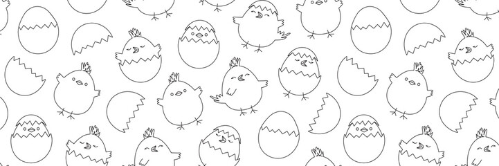 Easter chicken seamless pattern, chick egg background, thin line art, funny baby bird outline design, cute little animal print. Cartoon black and white vector illustration - obrazy, fototapety, plakaty