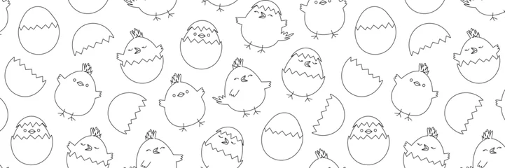 Fotobehang Easter chicken seamless pattern, chick egg background, thin line art, funny baby bird outline design, cute little animal print. Cartoon black and white vector illustration © Sylfida