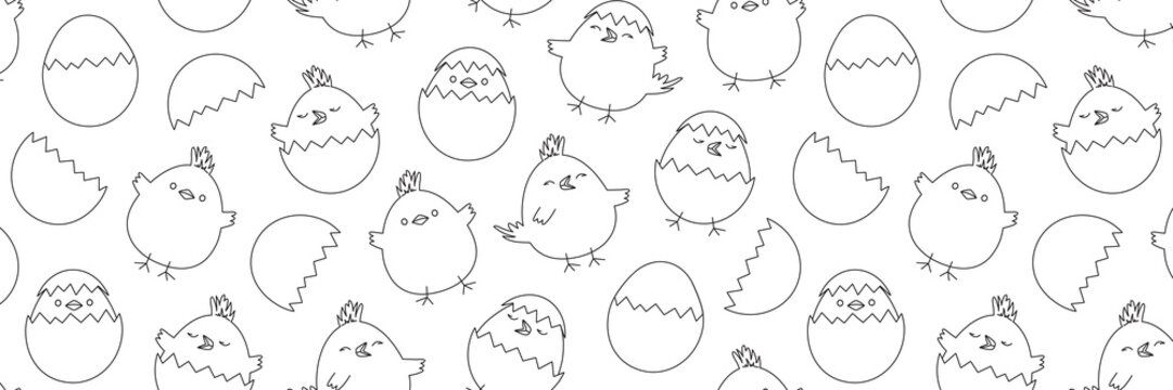 Easter chicken seamless pattern, chick egg background, thin line art, funny baby bird outline design, cute little animal print. Cartoon black and white vector illustration