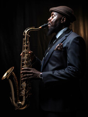 African American jazz musician playing the saxophone 