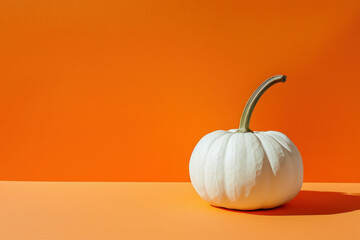 White Pumpkin on Orange Background with Copy Space for Text, Autumn Harvest Decoration Concept