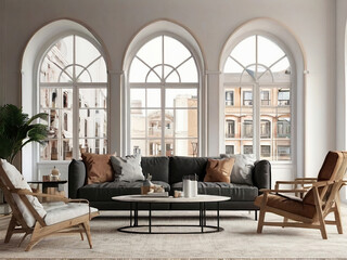 living room interior mockup, modern furniture and decorative arch with trendy dried flowers with white sofa and armchair on the White Background