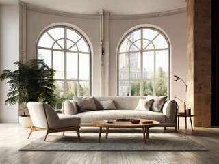 living room interior mockup, modern furniture and decorative arch with trendy dried flowers with white sofa and armchair on the White Background