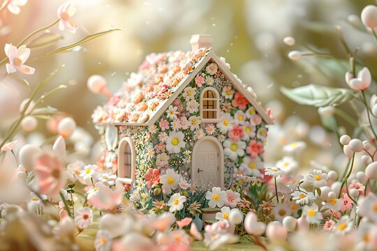 Cute Vinyl Toys digital illustration, spring tiny house  wrapped in spring flowers