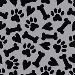 Paw prints, bones, hearts. Funny children's seamless pattern. Can be used in textile industry, paper, background, scrapbooking.Vector. - 760689942