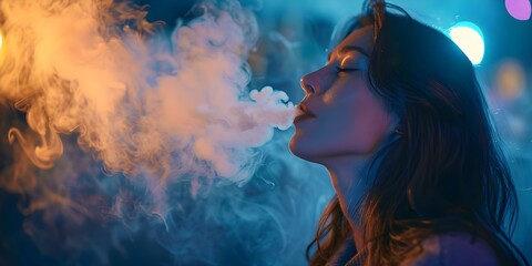 A woman exhales vapor from an electronic hookah, illustrating the modern vaping concept. Concept Lifestyle, Technology, Vaping Culture, Social Trends, Health and Wellness - obrazy, fototapety, plakaty