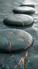 A group of stones sitting on top of a body of water.