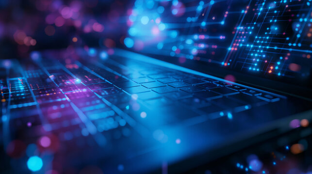Computer laptop keyboard screen high-tech bokeh background