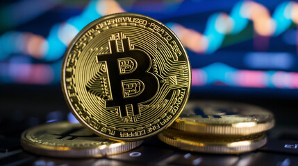 Bitcoins on the table, blockchain technology