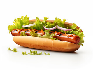 Classic hot dog  with green garnish and onion on clean white background
