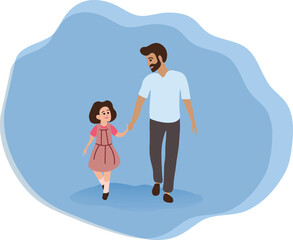 Dad and daughter walking together holding hands Illustration flat style Man and girl Family lifestyle concept Happy family with kid Dad day Cover book Banner Social media Happy Father's day
