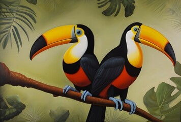 Obraz na płótnie Canvas Painting of two toucans sitting on a tree branch. Generative AI