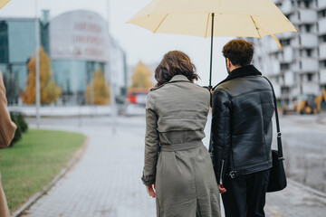 Back view of a romantic couple sharing a yellow umbrella, walking together on a wet sidewalk in an...