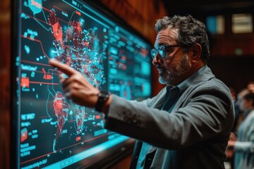 A man pointing at a screen displaying a map, surrounded by specialists.