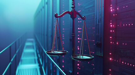 The scales of justice juxtaposed with a data center signify the fusion of law, legal theory, and fairness in the modern digital era.