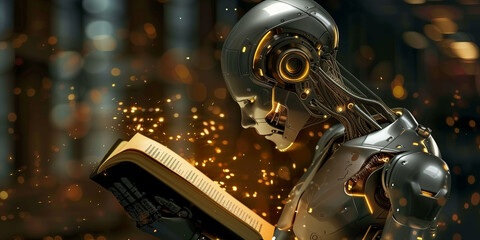 A humanoid is reading a book amid flying sparks