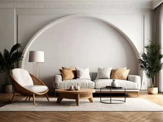 living room interior mockup, modern furniture and decorative arch with trendy dried flowers with white sofa and armchair on the White Background