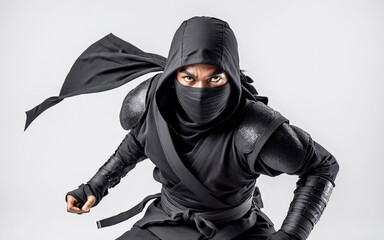 Japanese ninja assassin warrior with black outfit and mask on white background - obrazy, fototapety, plakaty