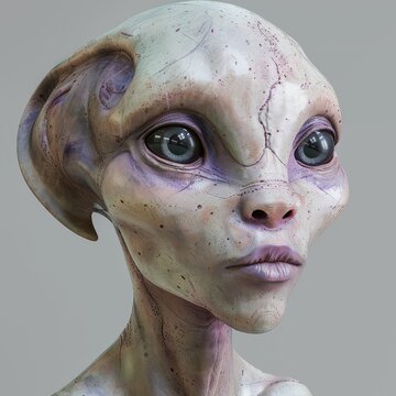Gaze of the Unknown: A hyperrealistic portrait of an extraterrestrial being, its large, soulful eyes reflecting an otherworldly intelligence and a hint of curiosity.  