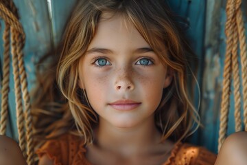 Girl with blue eyes and freckles lying on swing