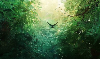 Soaring Through Emerald Depths: A solitary bird takes flight amidst a vibrant, underwater forest of translucent green seaweed, bathed in an ethereal light