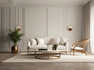 living room interior mockup, modern furniture and decorative arch with trendy dried flowers with white sofa and armchair on the White Background