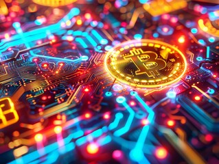 Fototapeta premium Bitcoin Circuitry: A glowing Bitcoin coin rests on a vibrant, intricate circuit board, symbolizing the digital currency's technological foundation and global reach. 
