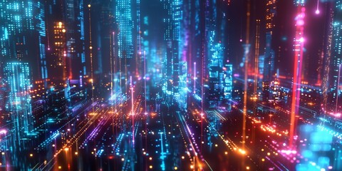 Neon Cityscape: A futuristic, neon-drenched city bursts to life with digital architecture, vibrant colors, and a captivating sense of energy, inviting viewers to explore a world of technological