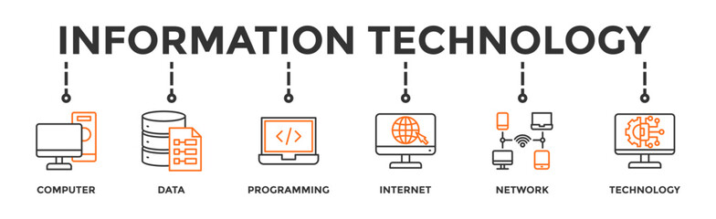 Information technology banner web icon illustration concept with icon of computer, data, programming, database, internet, network, and technology