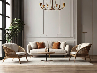 living room interior mockup, modern furniture and decorative arch with trendy dried flowers with white sofa and armchair on the White Background