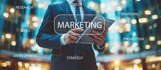 Businessman hold ipad tablet Marketing business concept on the virtual screen bokeh blur background.