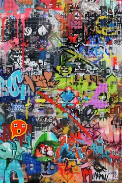 Pixel art of a virtual graffiti wall, phone wallpaper