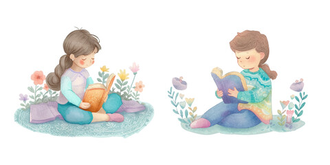 Fototapeta na wymiar kid reading a book watercolour vector illustration