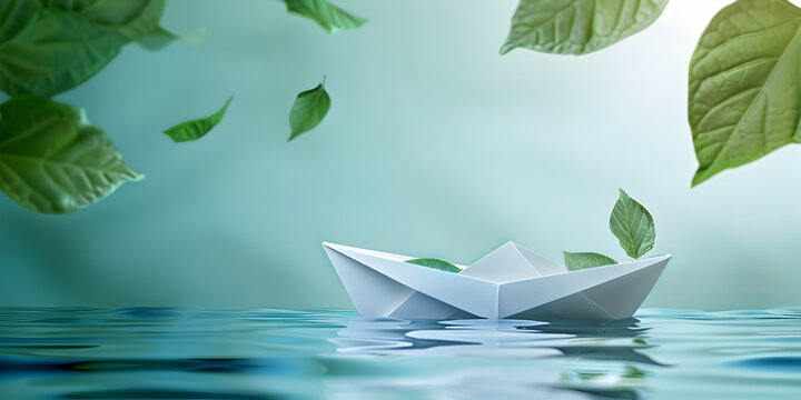 Close-up of simple small white origami paper boat floating quietly in blue clear river or sea water under bright summer sky,with beautiful green leaves.
