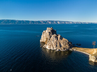 Shamanka Rock. Lake Baikal at Olkhon Island. the village of Khuzhir